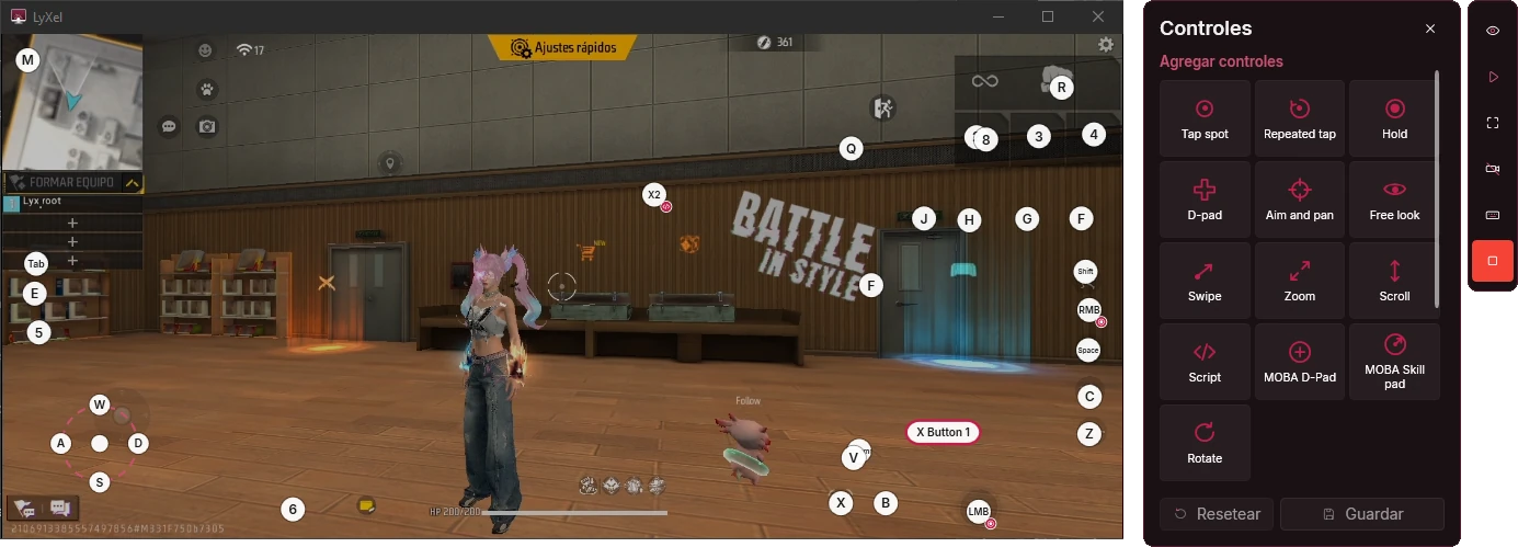 Editor de controles con la lista para agregar toque, mantener, joystick, apuntar, deslizar, zoom, scripts y controles MOBA