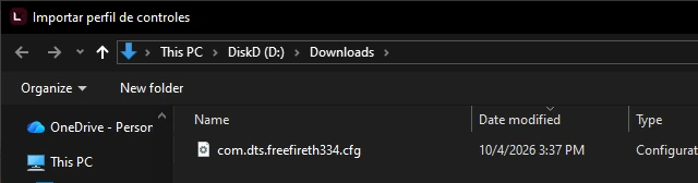 Ventana para elegir el archivo .cfg del emulador, con el esquema de Free Fire de MSI