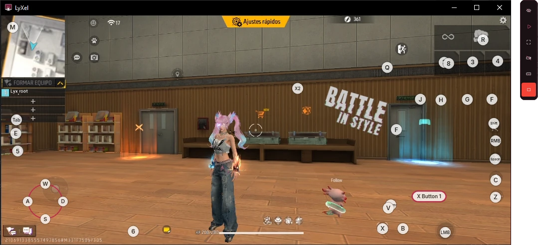 Free Fire MAX en la ventana de LyXel con los controles del Mapeador encima y la barra flotante a un lado