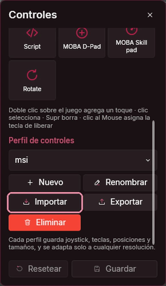 Panel de controles del editor con el botón Importar resaltado en Perfil de controles